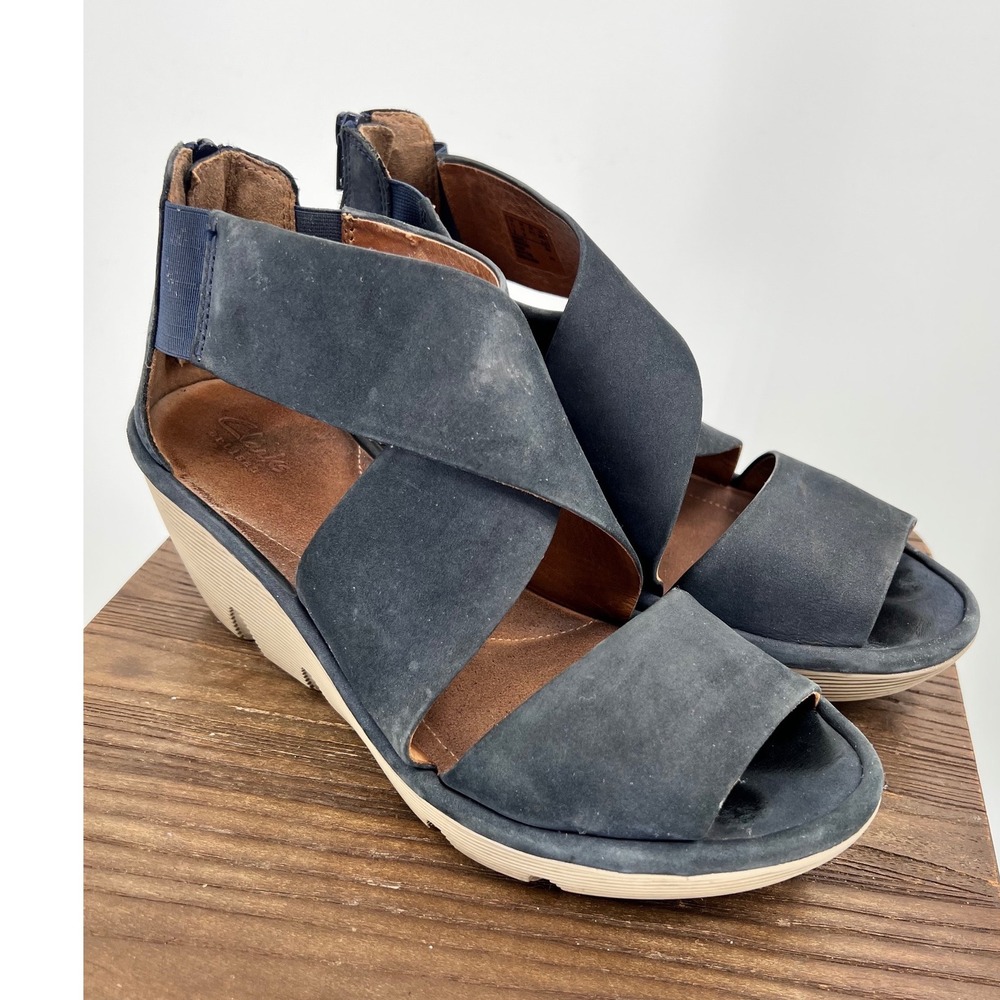 Clarks Artisan Navy Blue Nubuck Leather Wedge Sandals Back‎ Zip Womens 10 Wide